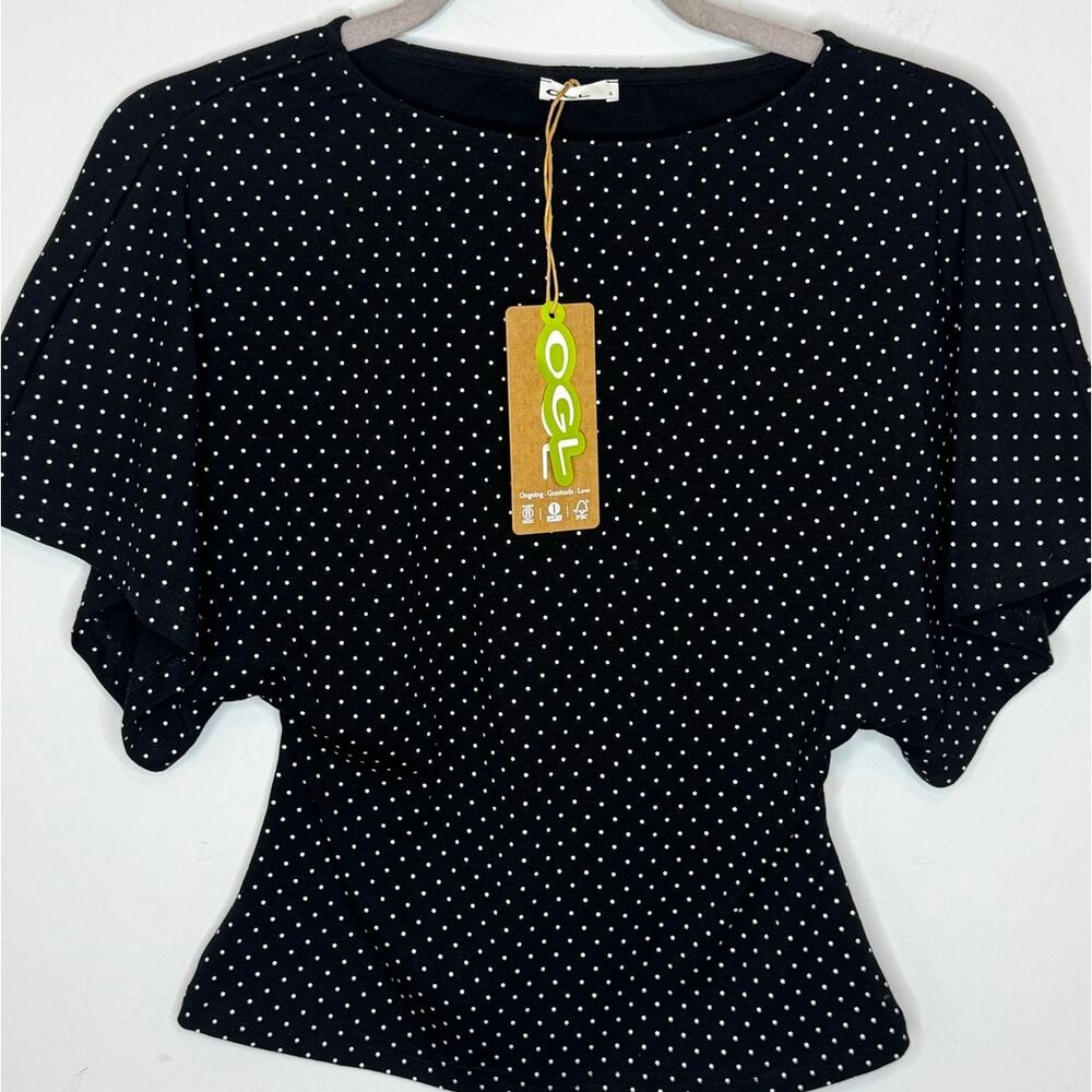 OGL Black White Polka Dot Short Sleeve Top Size S Built-in Bra Brami New